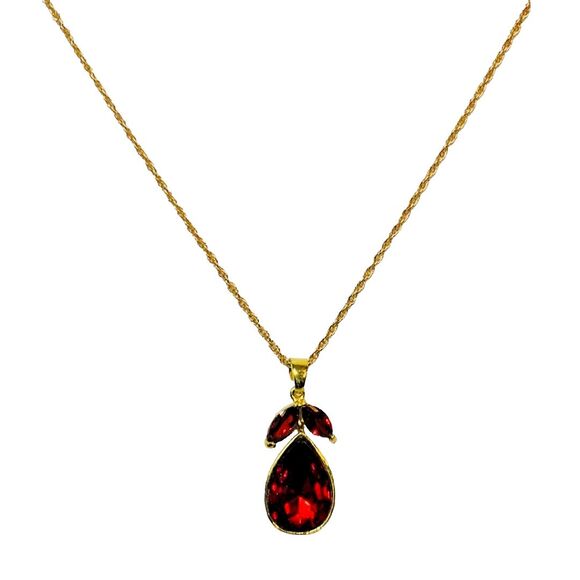 Vintage Red Rhinestone Pear Pendant Necklace 24" Gold Tone - Picture 6 of 16